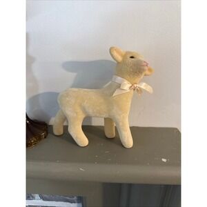 VTG Flocked Easter Lamb Figurine Cream Flocked Thick Plastic/rubber Bow Sweet